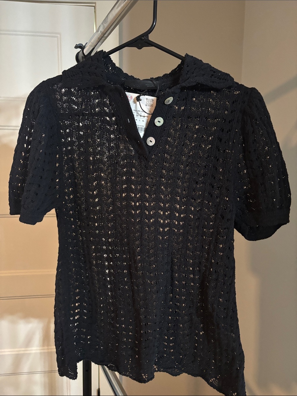 Zara Black Crochet Polo Knit Top